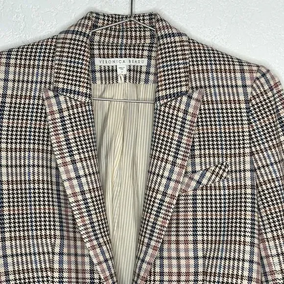 New Veronica Beard FULLER CHECK SINGLE-BUTTON DICKEY JACKET Cream Blue/ Rose Sz2